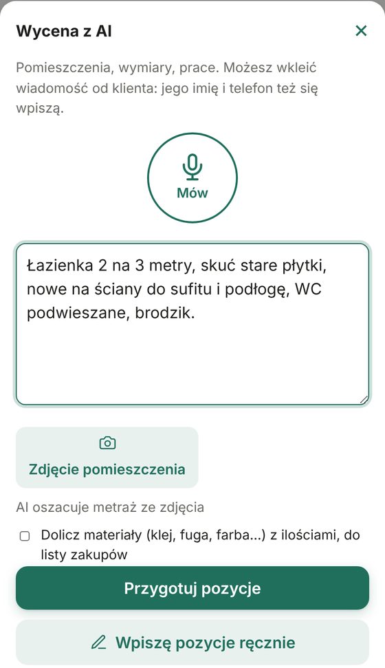 Wycena z AI w telefonie: przycisk Mów i opis zlecenia
